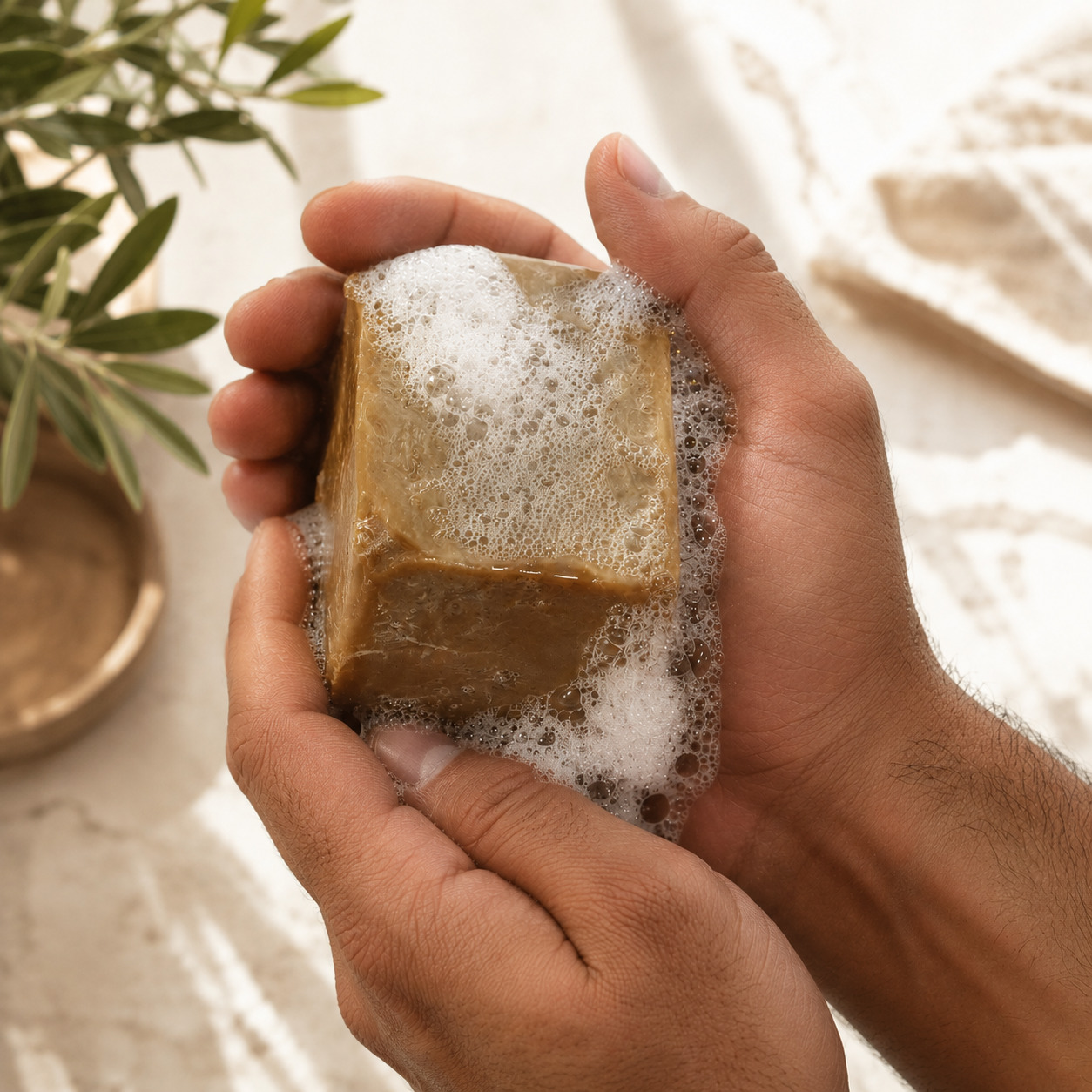 Close-up of an Aleppo soap bar showing the golden interior and green-brown exterior, with a stamped seal
